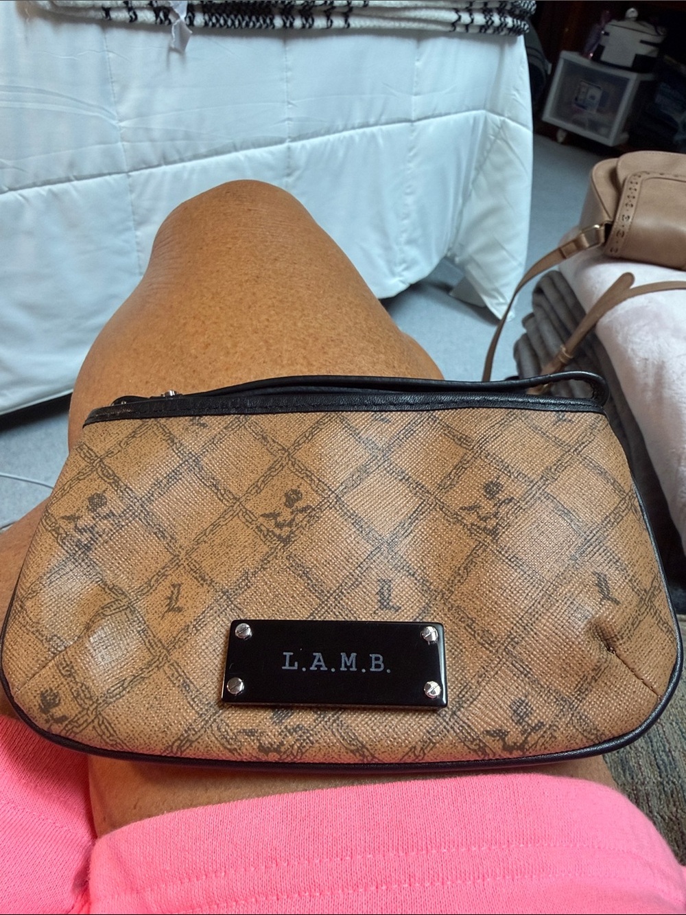 L.A.M.B. Tan Monogram Wristlet 7” 2 sides lamb signed inside Superior Condition